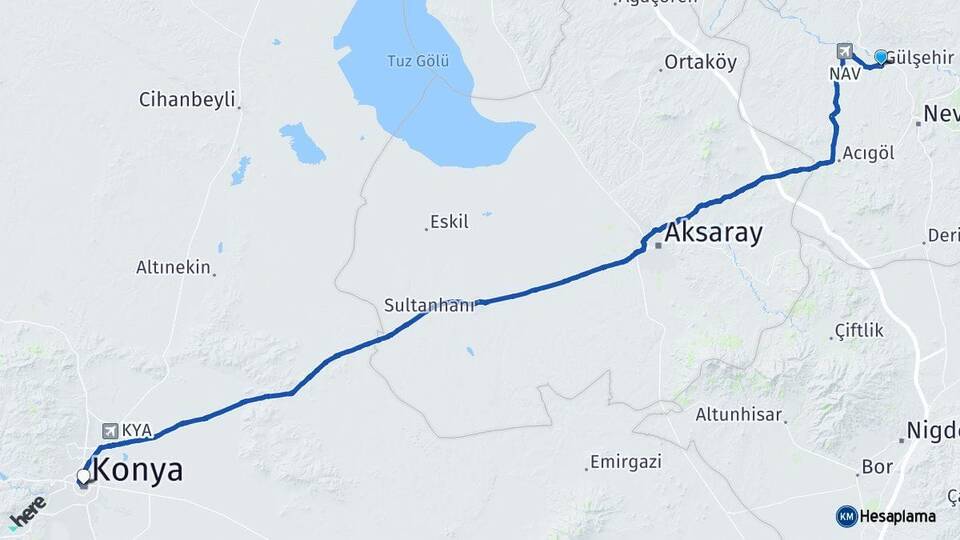Nevşehir Gülşehir Konya Arası Kaç Km - Yol Haritası