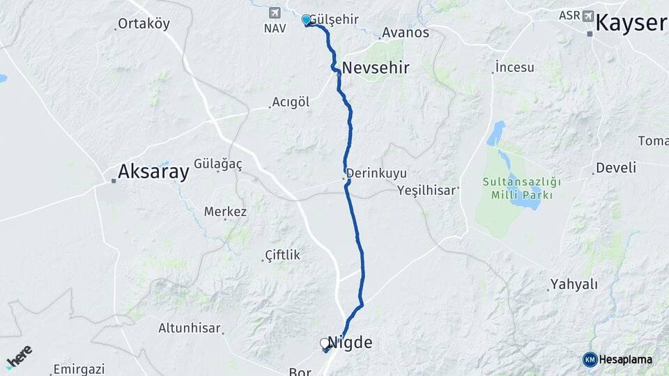 Nevşehir Gülşehir Niğde Arası Kaç Km - Yol Haritası