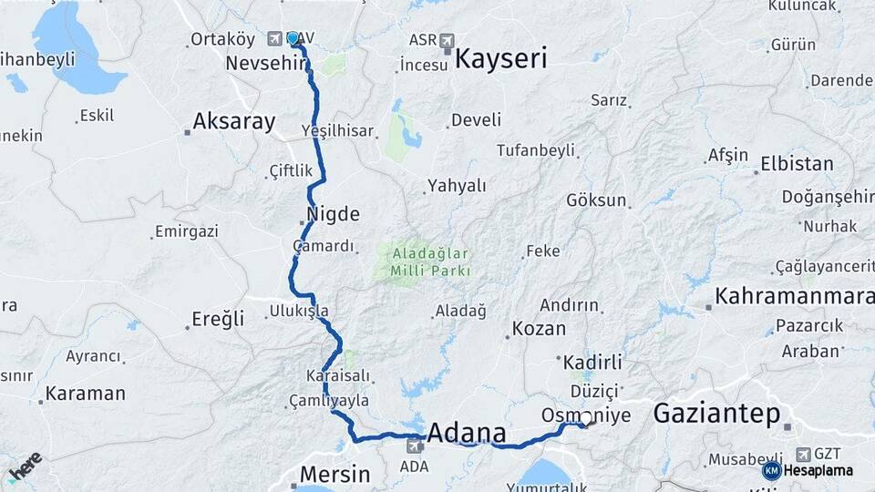 Nevşehir Gülşehir Osmaniye Arası Kaç Km - Yol Haritası