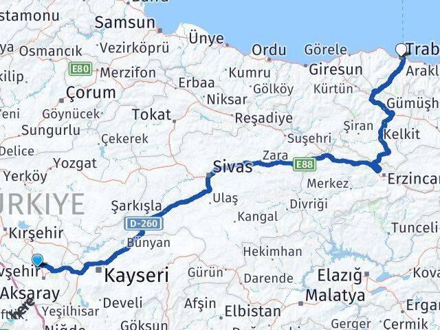 Nevşehir Gülşehir Trabzon Arası Kaç Km - Yol Haritası