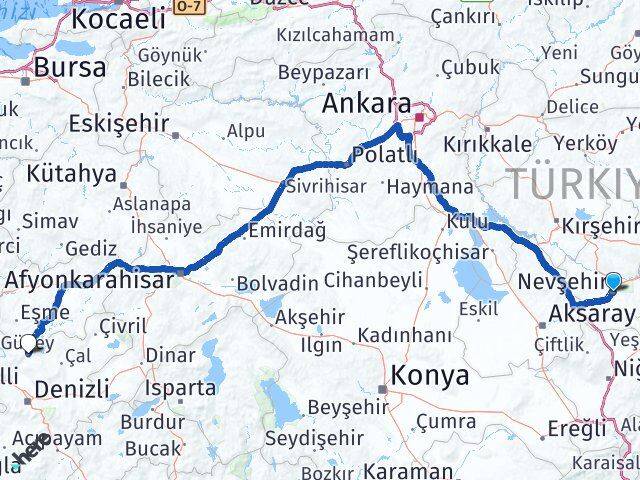 Nevşehir Güney Denizli Arası Kaç Km - Yol Haritası