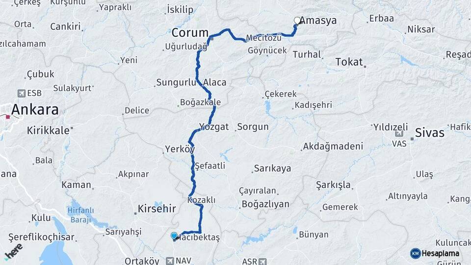 Nevşehir Hacıbektaş Amasya Arası Kaç Km - Yol Haritası
