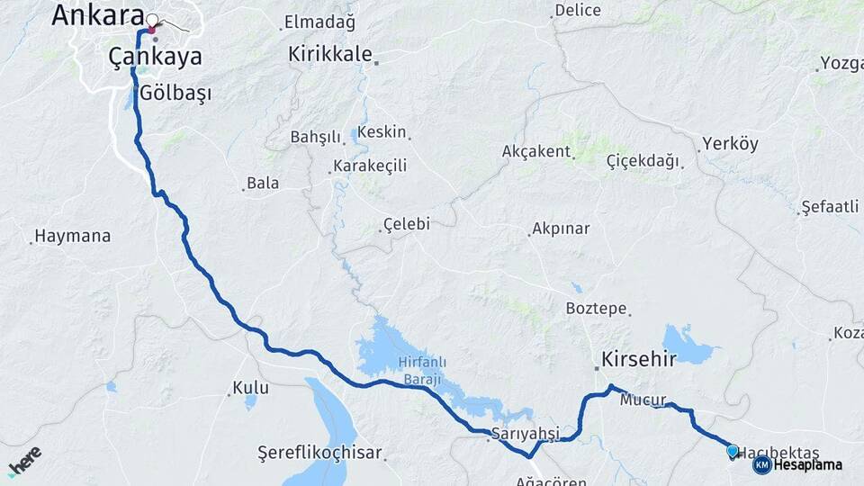 Nevşehir Hacıbektaş Ankara Arası Kaç Km - Yol Haritası