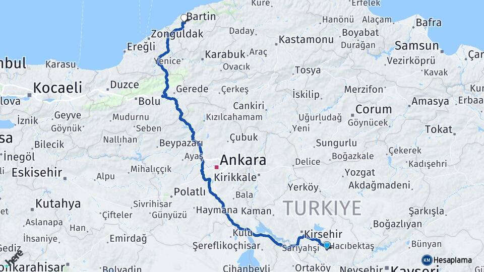 Nevşehir Hacıbektaş Bartın Arası Kaç Km - Yol Haritası