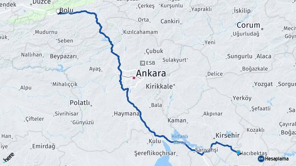 Nevşehir Hacıbektaş Bolu Arası Kaç Km - Yol Haritası