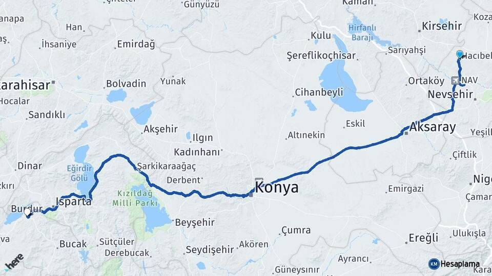Nevşehir Hacıbektaş Burdur Arası Kaç Km - Yol Haritası