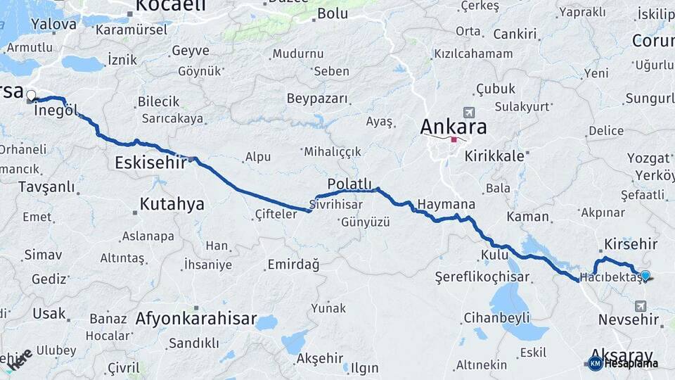 Nevşehir Hacıbektaş Bursa Arası Kaç Km - Yol Haritası