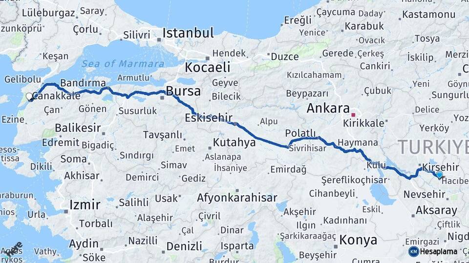 Nevşehir Hacıbektaş Çanakkale Arası Kaç Km - Yol Haritası