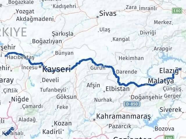 Nevşehir Hacıbektaş Elazığ Arası Kaç Km - Yol Haritası