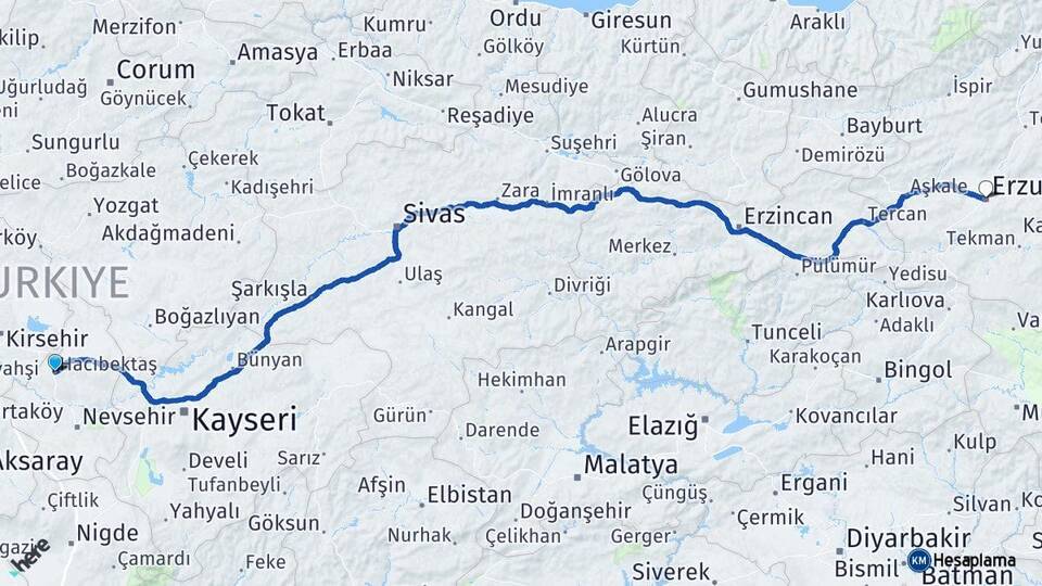 Nevşehir Hacıbektaş Erzurum Arası Kaç Km - Yol Haritası