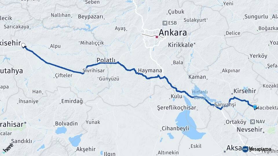 Nevşehir Hacıbektaş Eskişehir Arası Kaç Km - Yol Haritası