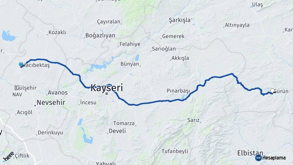 Nevşehir Hacıbektaş Gürün Sivas Arası Kaç Km - Yol Haritası