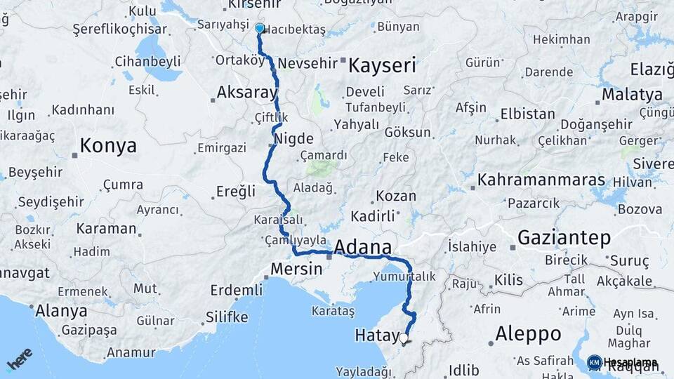 Nevşehir Hacıbektaş Hatay Arası Kaç Km - Yol Haritası