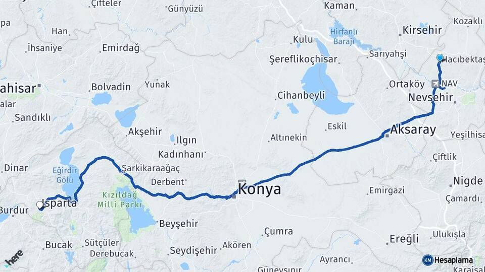 Nevşehir Hacıbektaş Isparta Arası Kaç Km - Yol Haritası