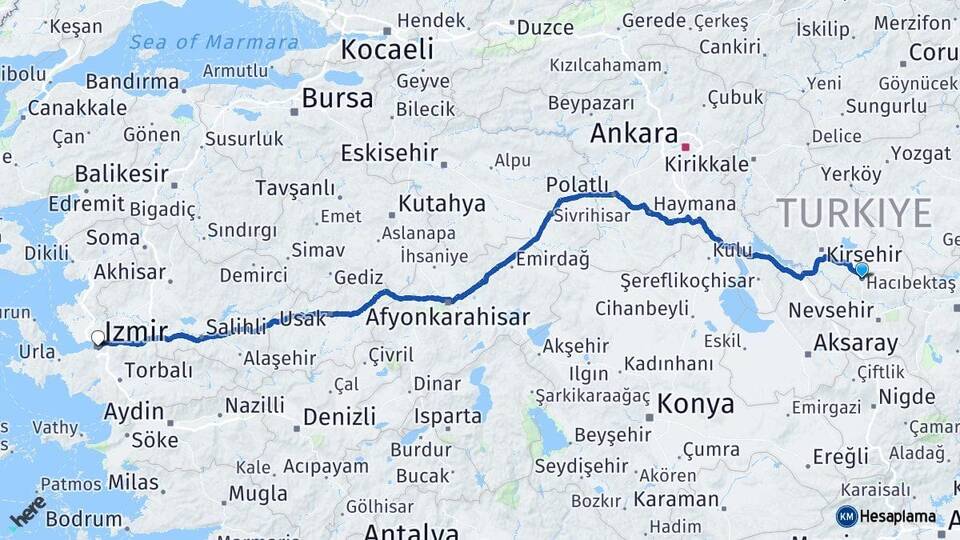 Nevşehir Hacıbektaş İzmir Arası Kaç Km - Yol Haritası