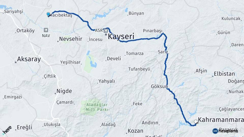 Nevşehir Hacıbektaş Kahramanmaraş Arası Kaç Km - Yol Haritası