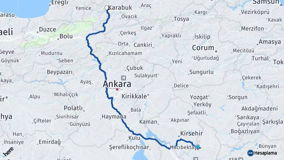 Nevşehir Hacıbektaş Karabük Arası Kaç Km - Yol Haritası