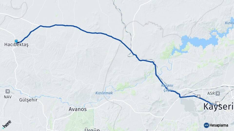 Nevşehir Hacıbektaş Kayseri Arası Kaç Km - Yol Haritası
