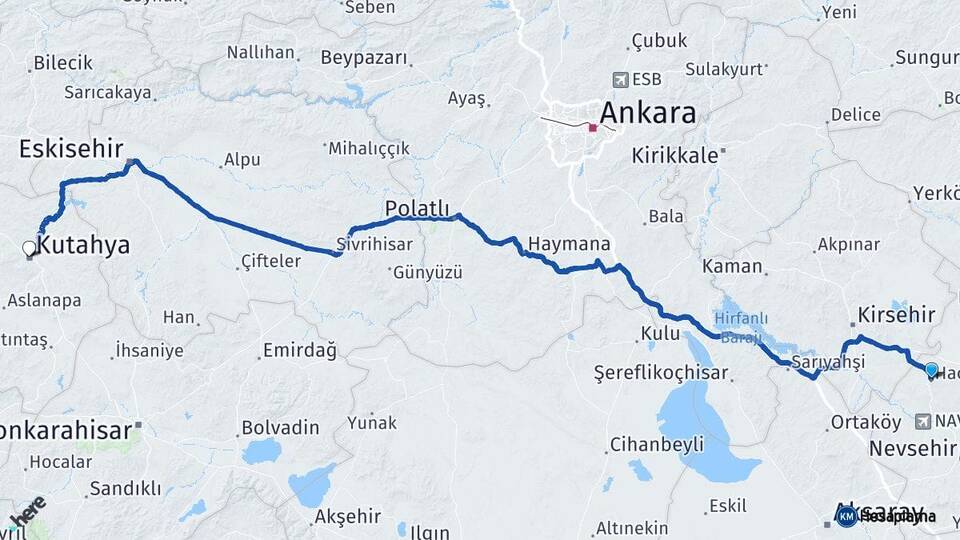 Nevşehir Hacıbektaş Kütahya Arası Kaç Km - Yol Haritası