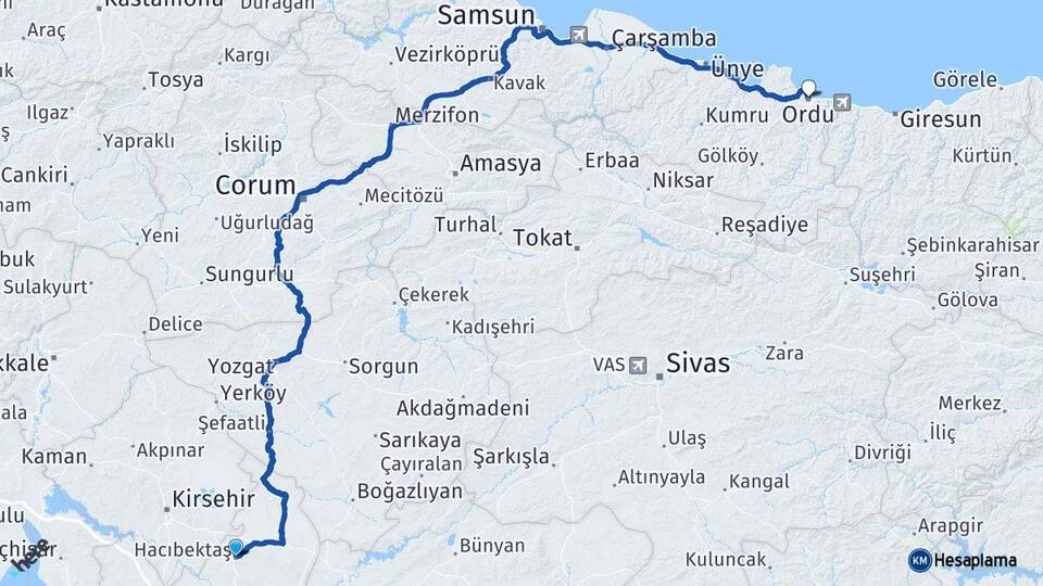 Nevşehir Hacıbektaş Ordu Arası Kaç Km - Yol Haritası