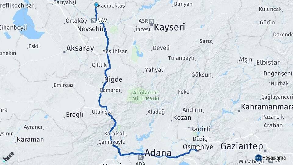 Nevşehir Hacıbektaş Osmaniye Arası Kaç Km - Yol Haritası
