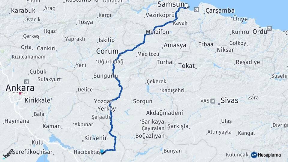 Nevşehir Hacıbektaş Samsun Arası Kaç Km - Yol Haritası