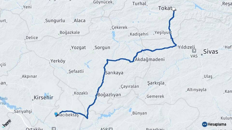 Nevşehir Hacıbektaş Tokat Arası Kaç Km - Yol Haritası