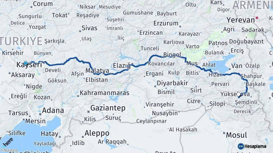 Nevşehir Hakkari Arası Kaç Km - Yol Haritası