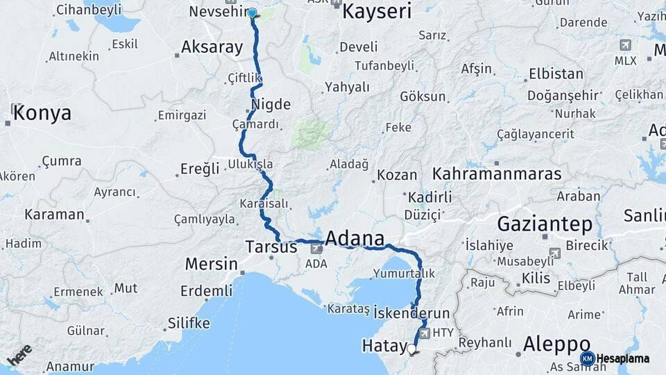 Nevşehir Hatay Arası Kaç Km - Yol Haritası