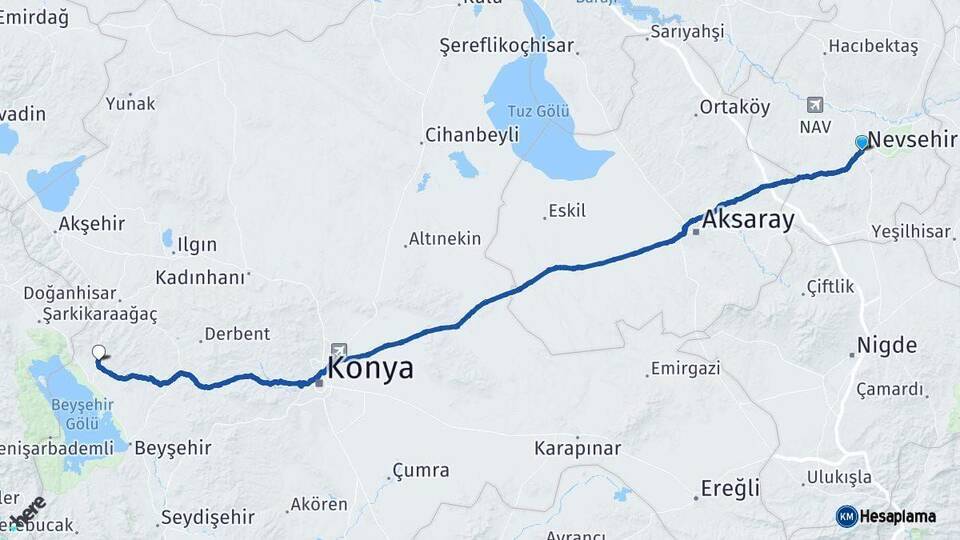 Nevşehir Hüyük Konya Arası Kaç Km - Yol Haritası