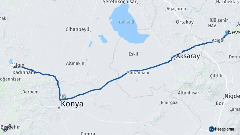 Nevşehir Ilgın Konya Arası Kaç Km - Yol Haritası