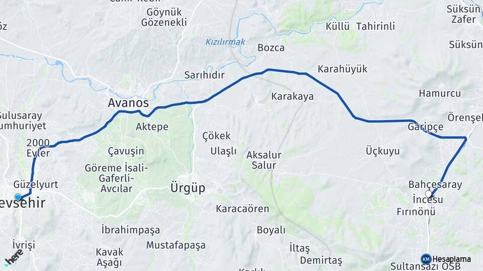 Nevşehir İncesu Kayseri Arası Kaç Km - Yol Haritası