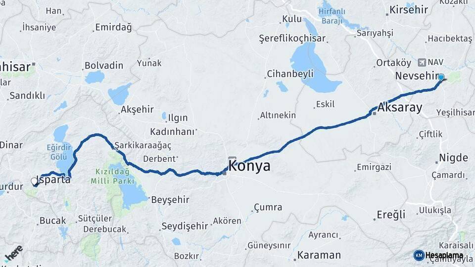 Nevşehir Isparta Arası Kaç Km - Yol Haritası