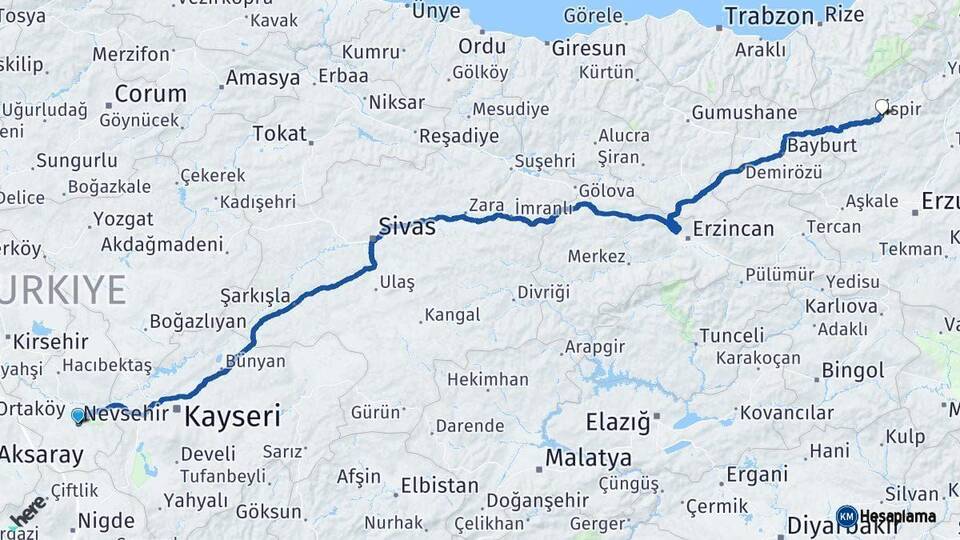 Nevşehir İspir Erzurum Arası Kaç Km - Yol Haritası
