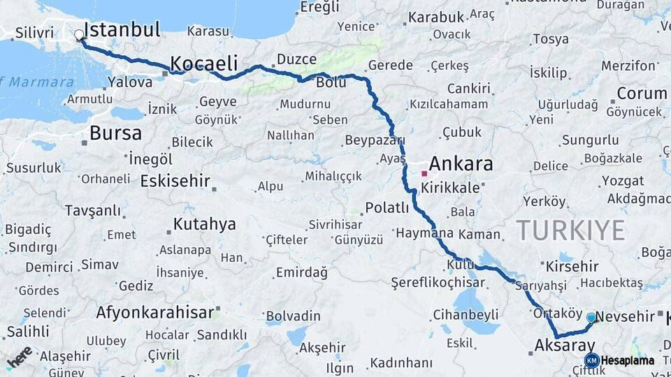 Nevşehir İstanbul Arası Kaç Km - Yol Haritası