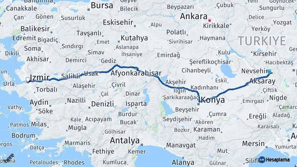 Nevşehir İzmir Arası Kaç Km - Yol Haritası