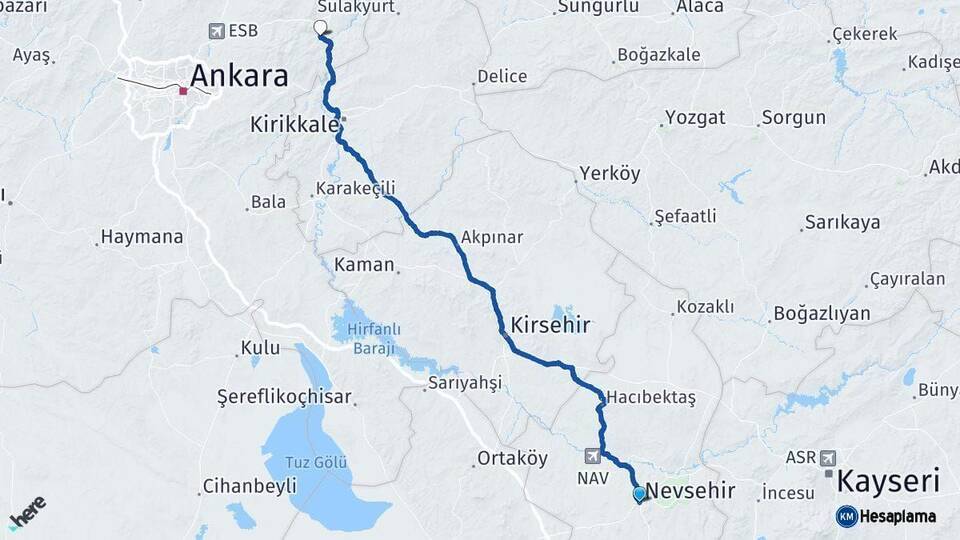 Nevşehir Kalecik Ankara Arası Kaç Km - Yol Haritası