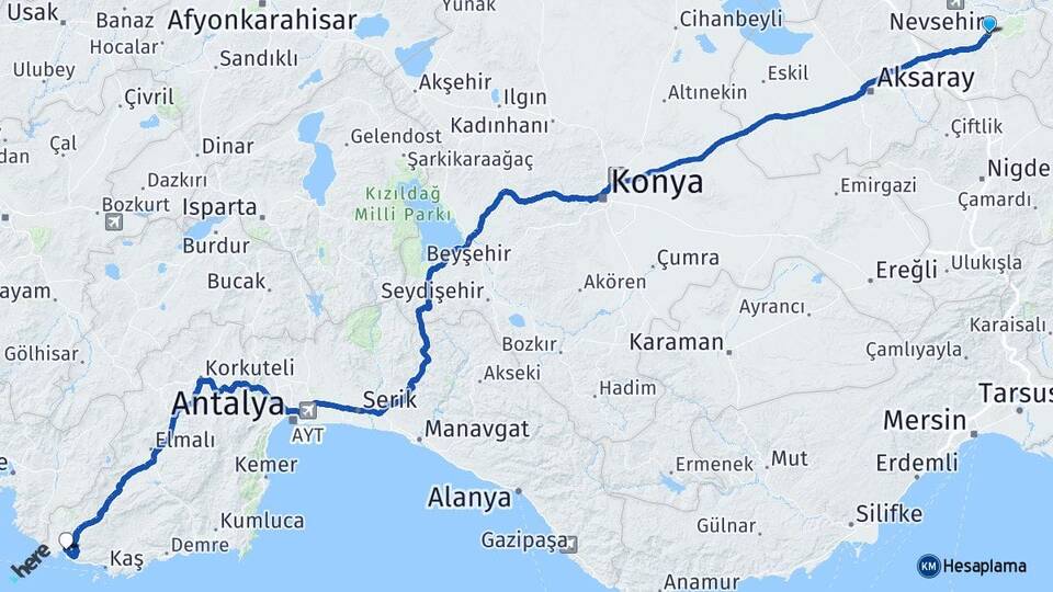 Nevşehir Kalkan Kaş Antalya Arası Kaç Km - Yol Haritası