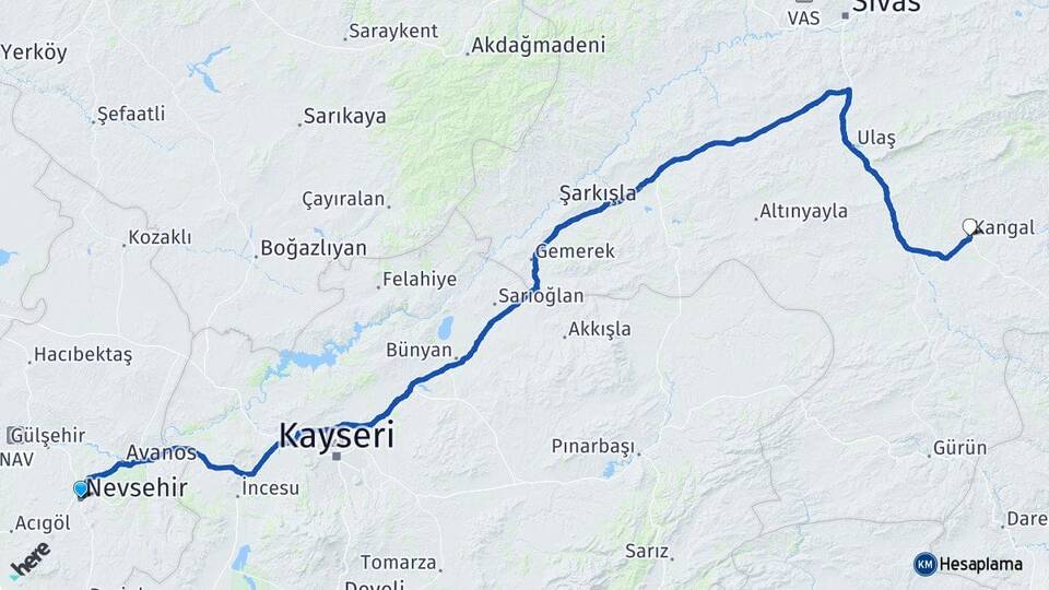 Nevşehir Kangal Sivas Arası Kaç Km - Yol Haritası