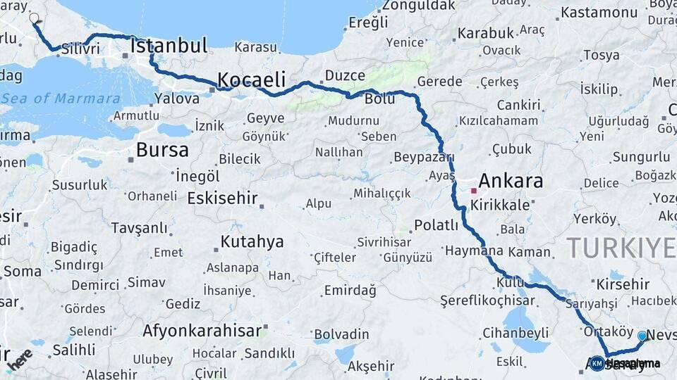 Nevşehir Kapaklı Tekirdağ Arası Kaç Km - Yol Haritası