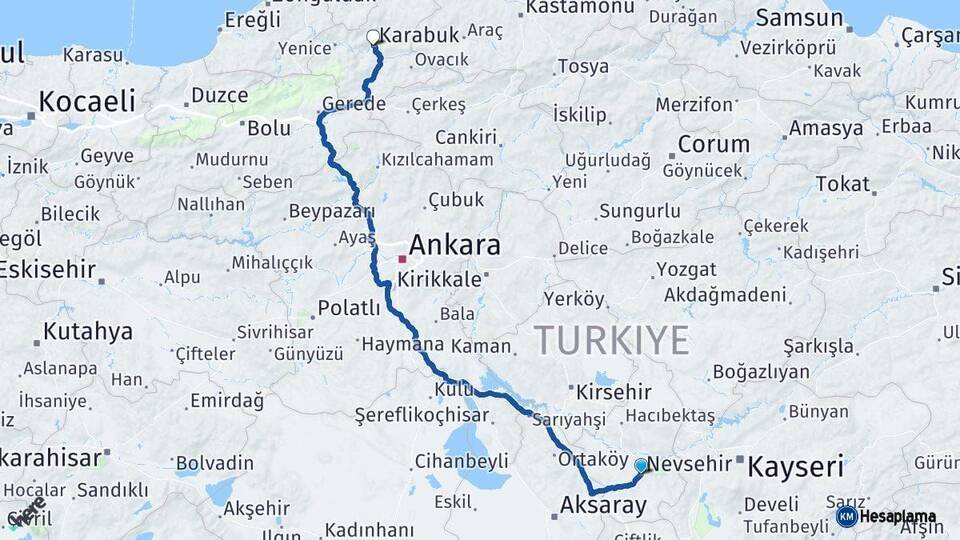 Nevşehir Karabük Arası Kaç Km - Yol Haritası
