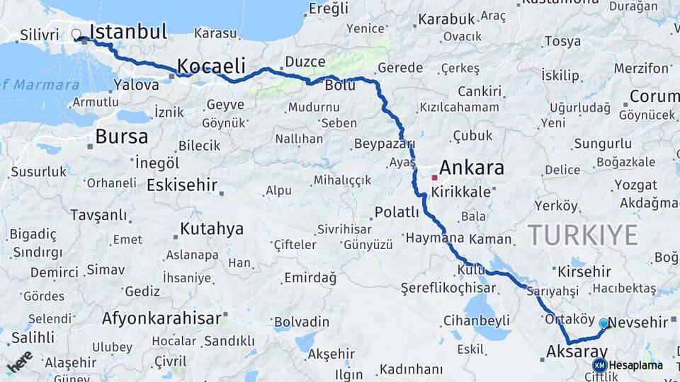 Nevşehir Karadeniz Gaziosmanpaşa İstanbul Arası Kaç Km - Yol Haritası