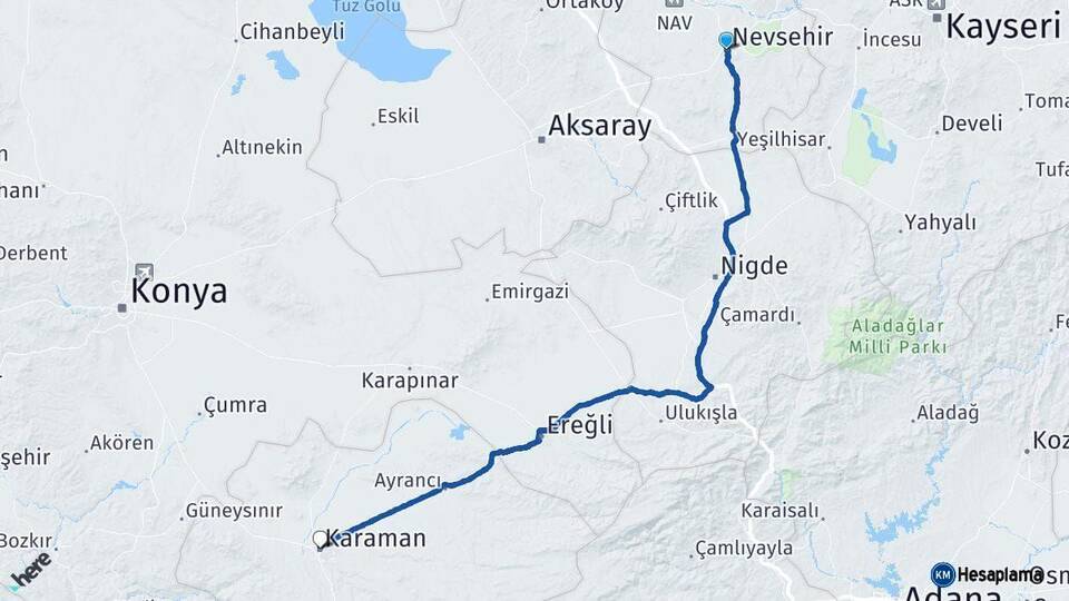 Nevşehir Karaman Arası Kaç Km - Yol Haritası