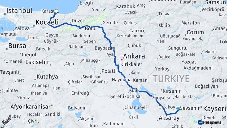 Nevşehir Karasu Sakarya Arası Kaç Km - Yol Haritası
