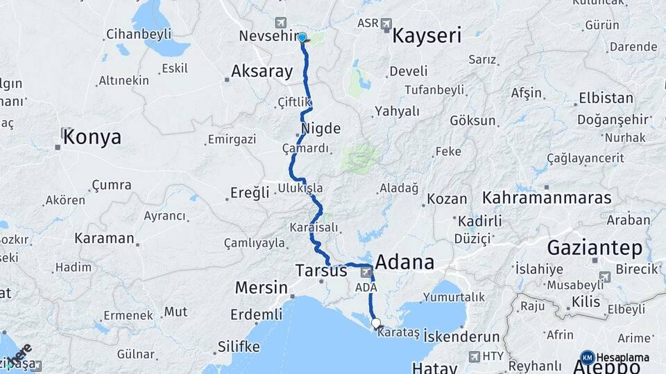 Nevşehir Karataş Adana Arası Kaç Km - Yol Haritası