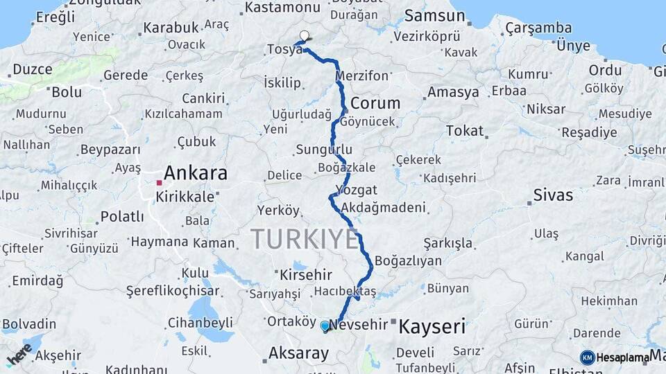 Nevşehir Kargı Çorum Arası Kaç Km - Yol Haritası