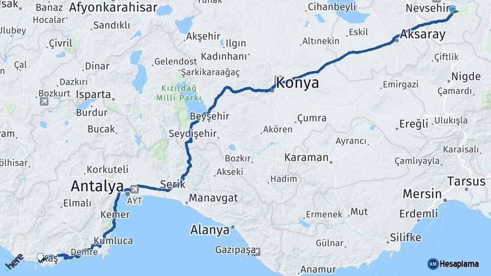 Nevşehir Kaş Antalya Arası Kaç Km - Yol Haritası