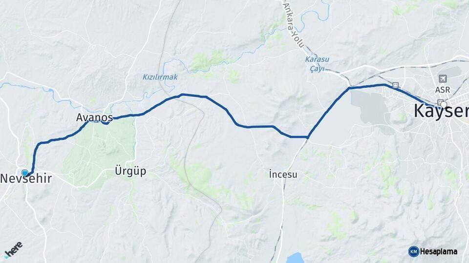 Nevşehir Kayseri Arası Kaç Km - Yol Haritası