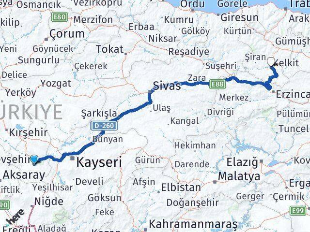 Nevşehir Kelkit Gümüşhane Arası Kaç Km - Yol Haritası