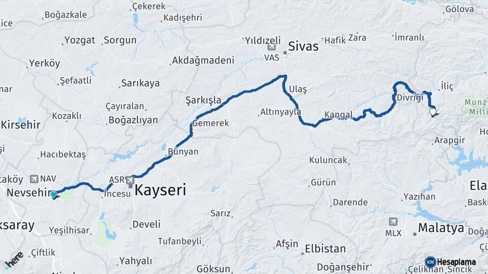 Nevşehir Kemaliye Erzincan Arası Kaç Km - Yol Haritası
